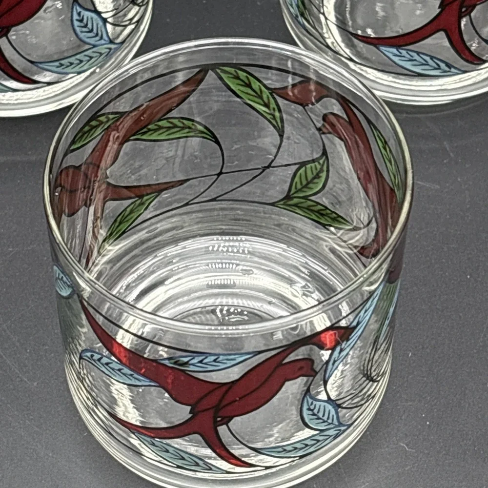 Vintage 1970s Libbey Red Bird Stained Glass Tumblers Lowball Glasses Set of 6